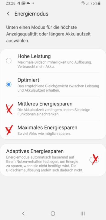 zum Bild: Die Energie-Einstellungen auf einem Samsung Galaxy S9.Bitte verwendet die rot markierten Einstellungen nicht.